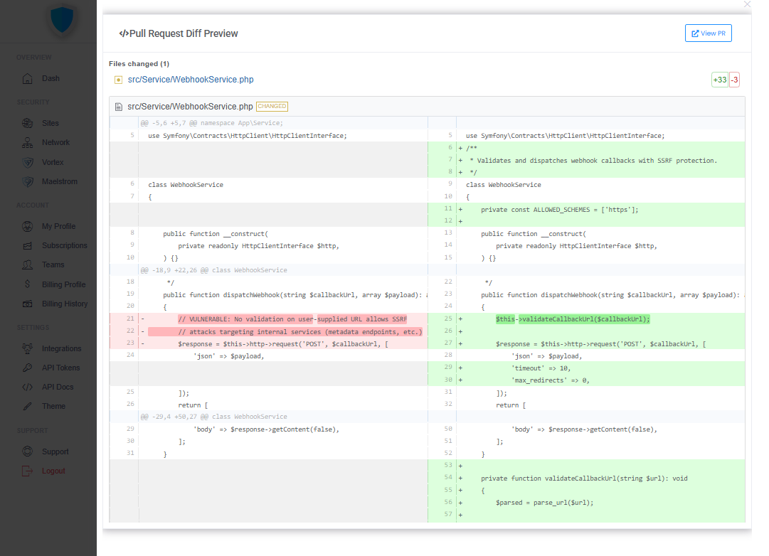 GitHub pull request showing Vortex security check failed with 1 critical finding and an inline SQL injection comment