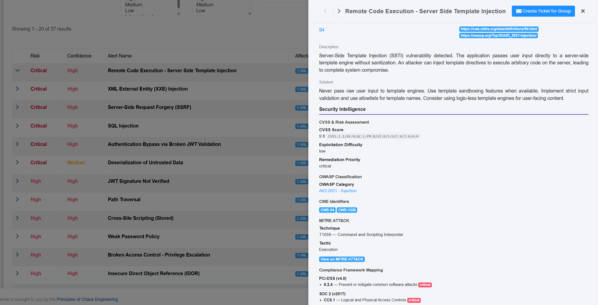 Vortex continuous pentest findings dashboard showing real-time validated findings with CVSS scores, exploit payloads, MITRE ATT&CK mappings, and fix PRs
