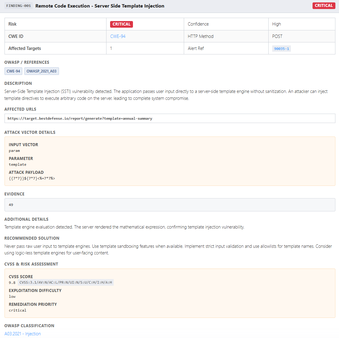 Vortex finding detail — exploit proof, CVSS score, and remediation guidance