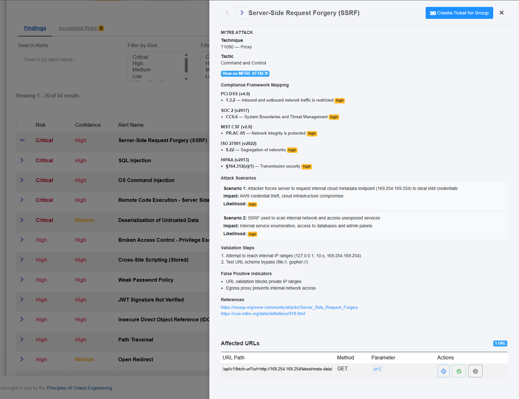 Vortex dashboard — active scan with severity breakdown and findings list